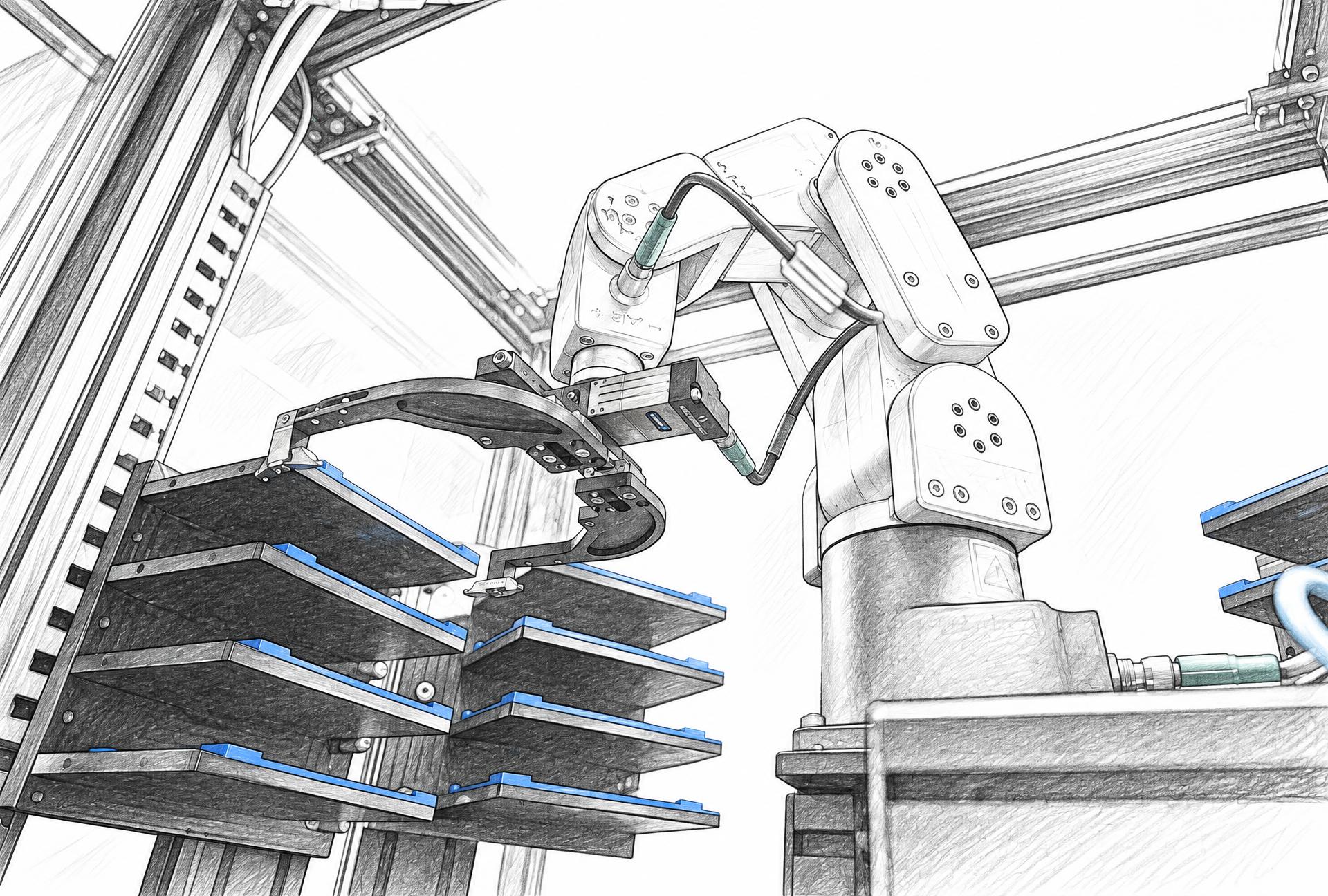 Sketch-style view of a laboratory robotic arm handling plates in Ginkgo’s automated workflow